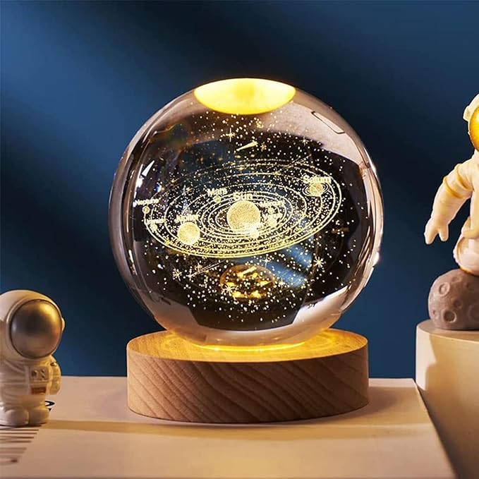 HexagonInr 3D Galaxy Crystal Ball Night Lamp,Creative Engraved Crystal Ball Night Light, USB Table LED Wooden Crystal Ball for Home Decoration (Galaxy)(Warm White)