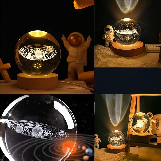 HexagonInr 3D Galaxy Crystal Ball Night Lamp,Creative Engraved Crystal Ball Night Light, USB Table LED Wooden Crystal Ball for Home Decoration (Galaxy)(Warm White)